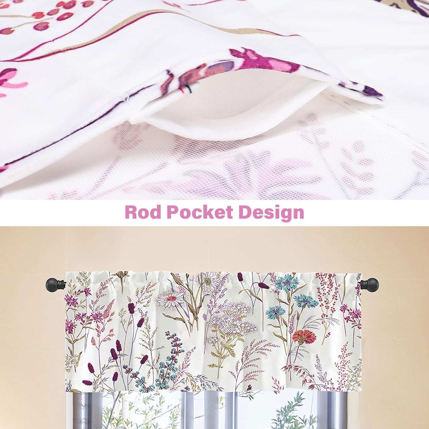 Kitchen Curtains Valances, Rod Pocket Valances for Windows, Small Window Treatment Valances for Window, Living Room, Bedroom, Bathroom, 1 Panel, 54" W x 18" L, Purple Flowers
