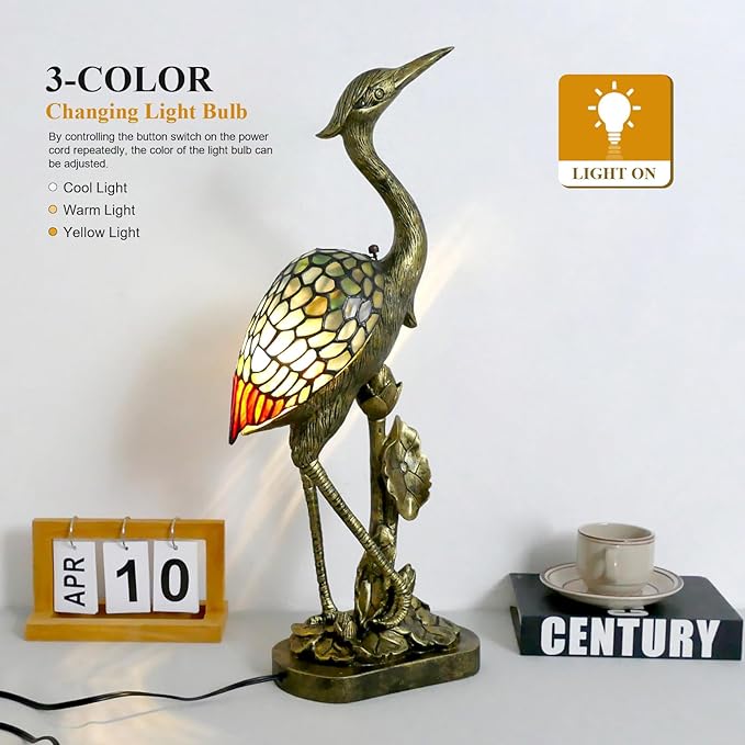 VirtueKing Tiffany Lamp Blue Stained Glass Crane Bird Style Table Lamp Desk Light 23.6 Inch Tall Vintage Tiffany Table Lamp for Bedroom Living Room Home Office, Color Changing LED Bulb Included photo 2