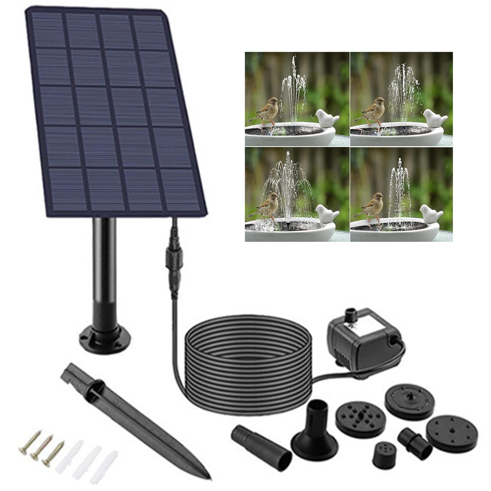 Solar Fountain for Bird Bath, 2.5W Solar Powered Water Pump Solar Powered Bird Bath Fountain Water Features with 4 Nozzles & 3M Power Cord, for Small Pond, Fountain, BirdBath, Garden (2.5W)