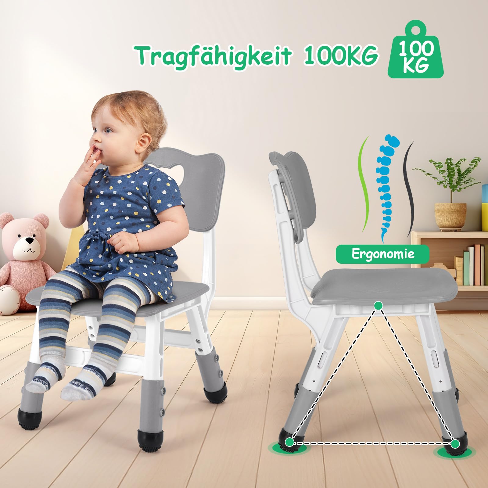 2PCS Chaise de Bureau Enfant Réglable en Hauteur - Tabouret Plastique Capacité 100kg pour Fille Garcon, Chambre/École/Garderie, Gris