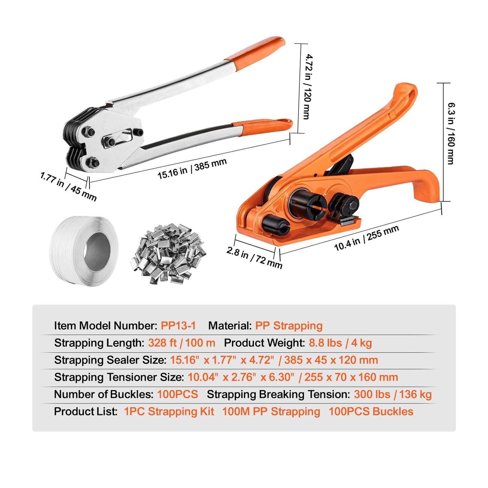 Kit di reggiatura for imballaggio pallet con tenditore, sigillante for reggia, 328 piedi, fascia in PP, 100 sigilli metallici for nastro di imballaggio