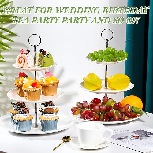 Miniatura 3 de 2 piezas de 3 niveles soporte de porcelana para cupcakes, soporte de cerámica blanca, soporte de té alto, bandeja para servir postres de pastelería