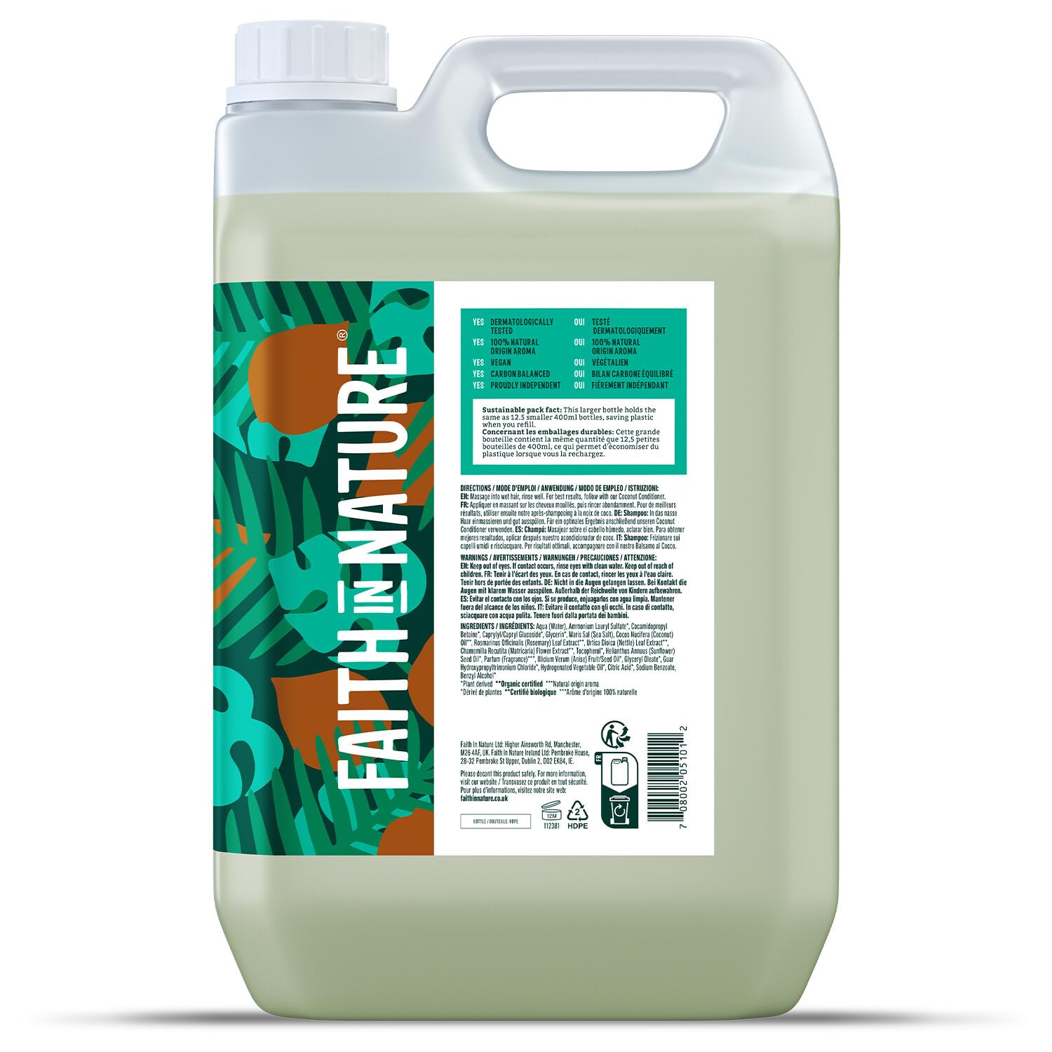 Faith In Nature Ricarica da 5 L di Shampoo Biologico al Cocco, Idratante per Capelli e Cuoio Capelluto Secchi, Vegano e Cruelty Free, Senza SLS, Siliconi o Parabeni