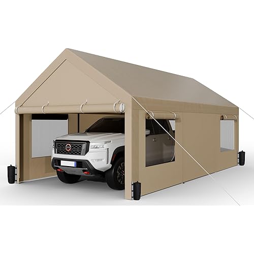 Shintenchi Carport 10' x 20' Heavy Duty Portable Garage, Car Port Canopy with Side-Opening Removable Door & Roll-Up Windows, Car Canopy for Truck, Boat, Motorcycle, Khaki