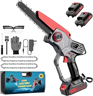 Mini Chainsaw 8 Inch, Cordless Electric Chainsaw with Battery, Battery Chainsaw Handheld for Pruning Trees and Branches Wood Cutting, 2 * 2000mAh Battery, 2 Chain, with Oiler System and Security Lock