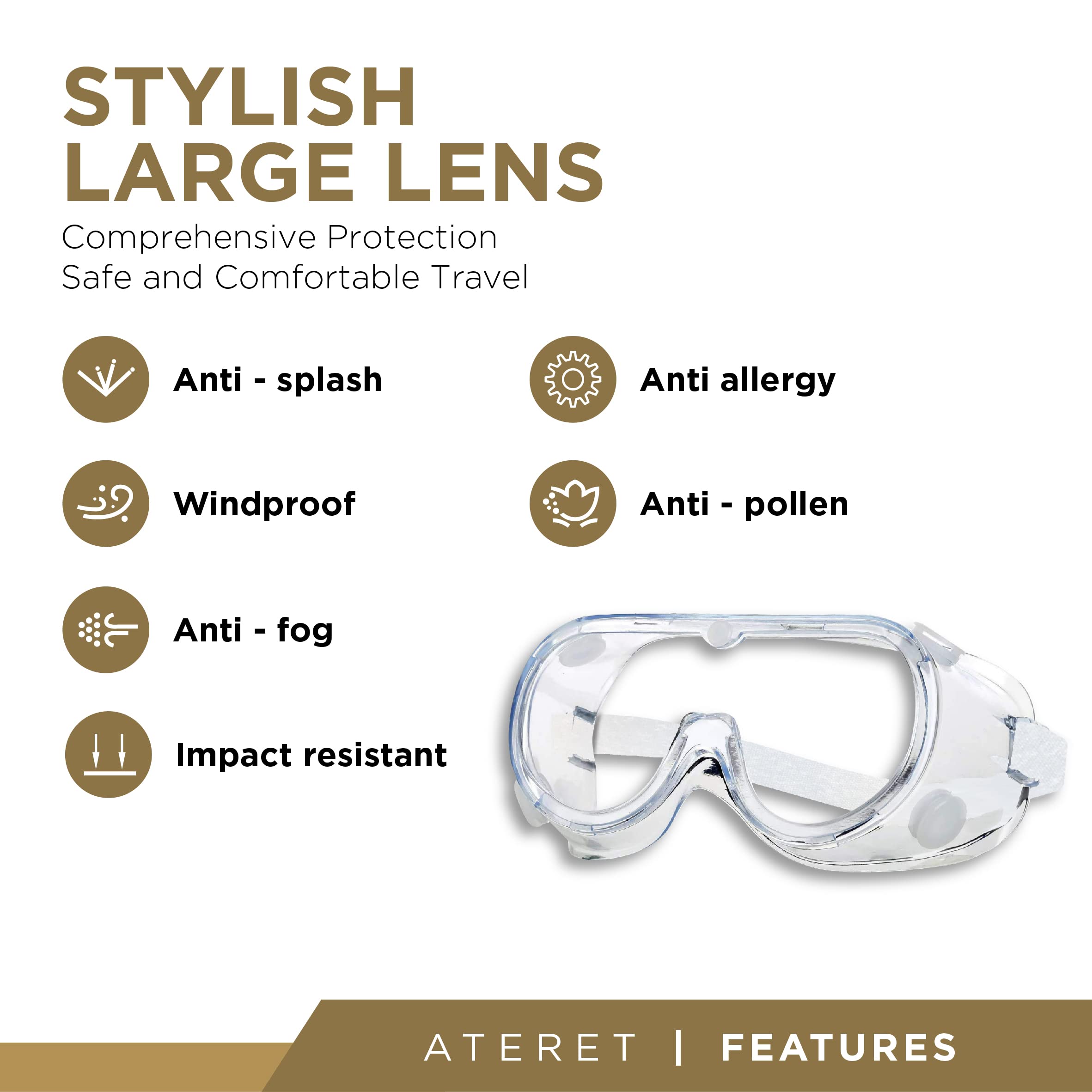 ATERET Gafas de protección antivaho para Googggles I con lentes transparentes ajustables y ligeras, con protección contra salpicaduras químicas