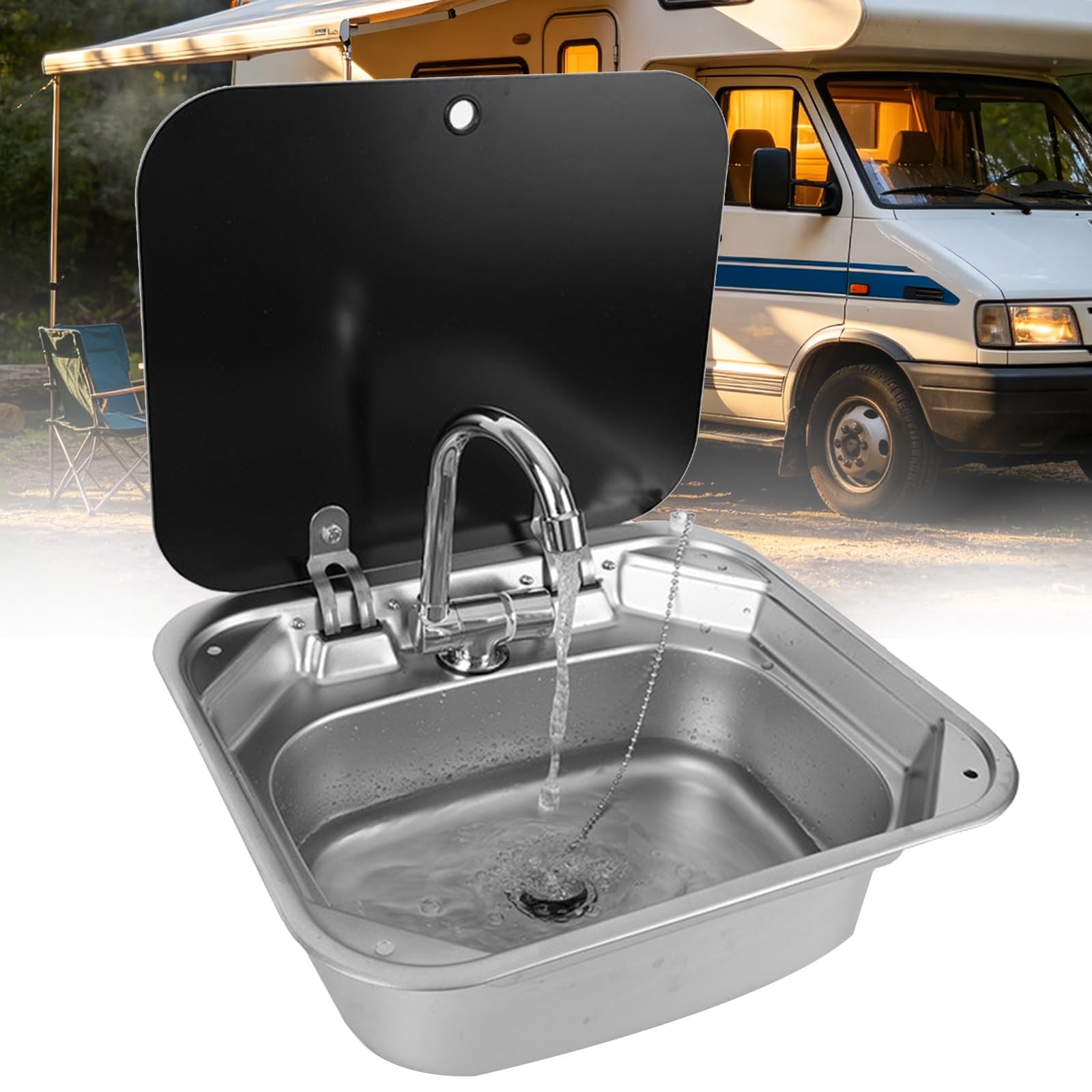 Square Camper Sink with Folding Faucet, Stainless Steel RV Sink for Caravan Trailer and Boat