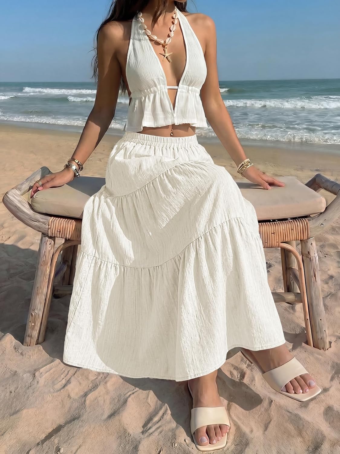 Women's Flowy A-Line Maxi Skirts 2026 Summer Elastic High Waist Tiered Textured Beach Vacation Long Skirt
