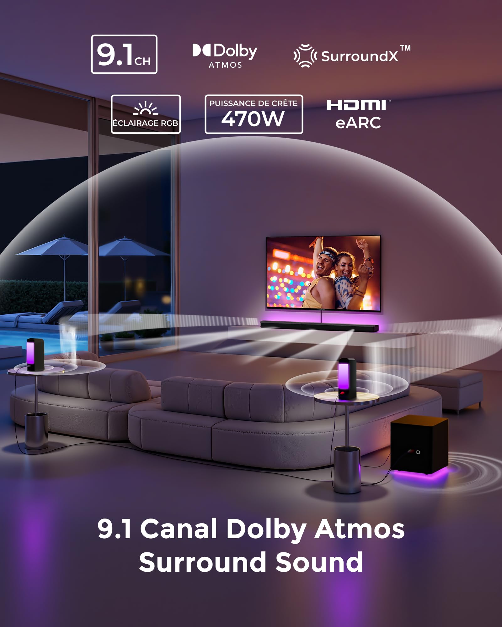 ULTIMEA System dźwięku przestrzennego 9,1 ch do telewizora z 2 głośnikami tylnymi, odłączany soundbar z subwooferem, soundbar RGB, maksymalna moc 470 W, 6,5-calowy subwoofer, HDMI/OPT/AUX/BT, Apollo