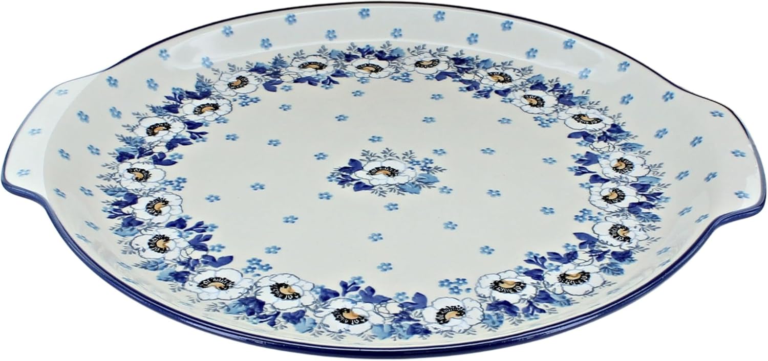 Blue Rose Polish Pottery - Green Peacock Swirl Round Serving Tray with Handles - 11.5" Diameter - Unique Platter for Dinner Parties, Very Durable & Dishwasher Safe