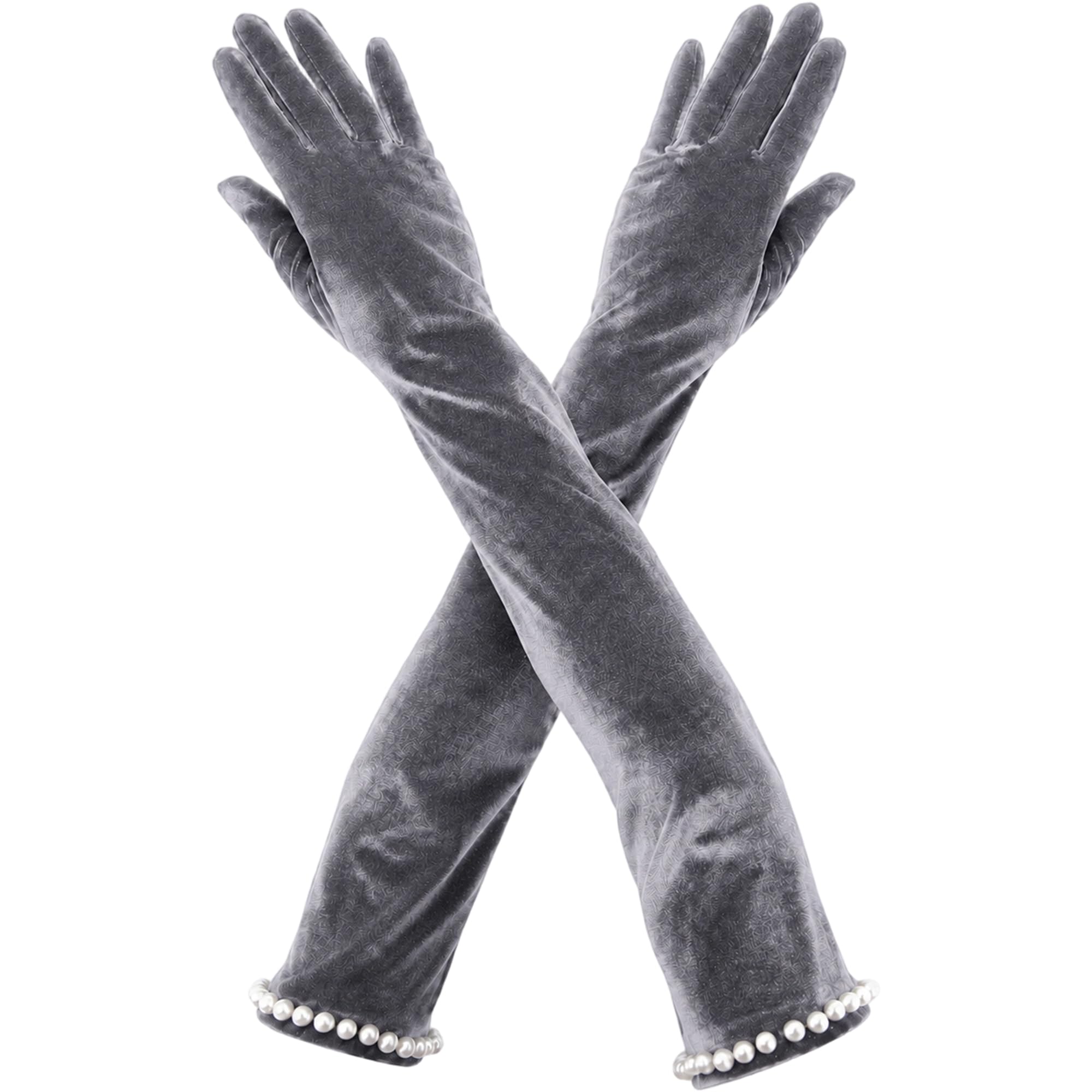 Long Velvet Gloves for Women, Vintage Opera Gloves with Pearl Cuff Trim