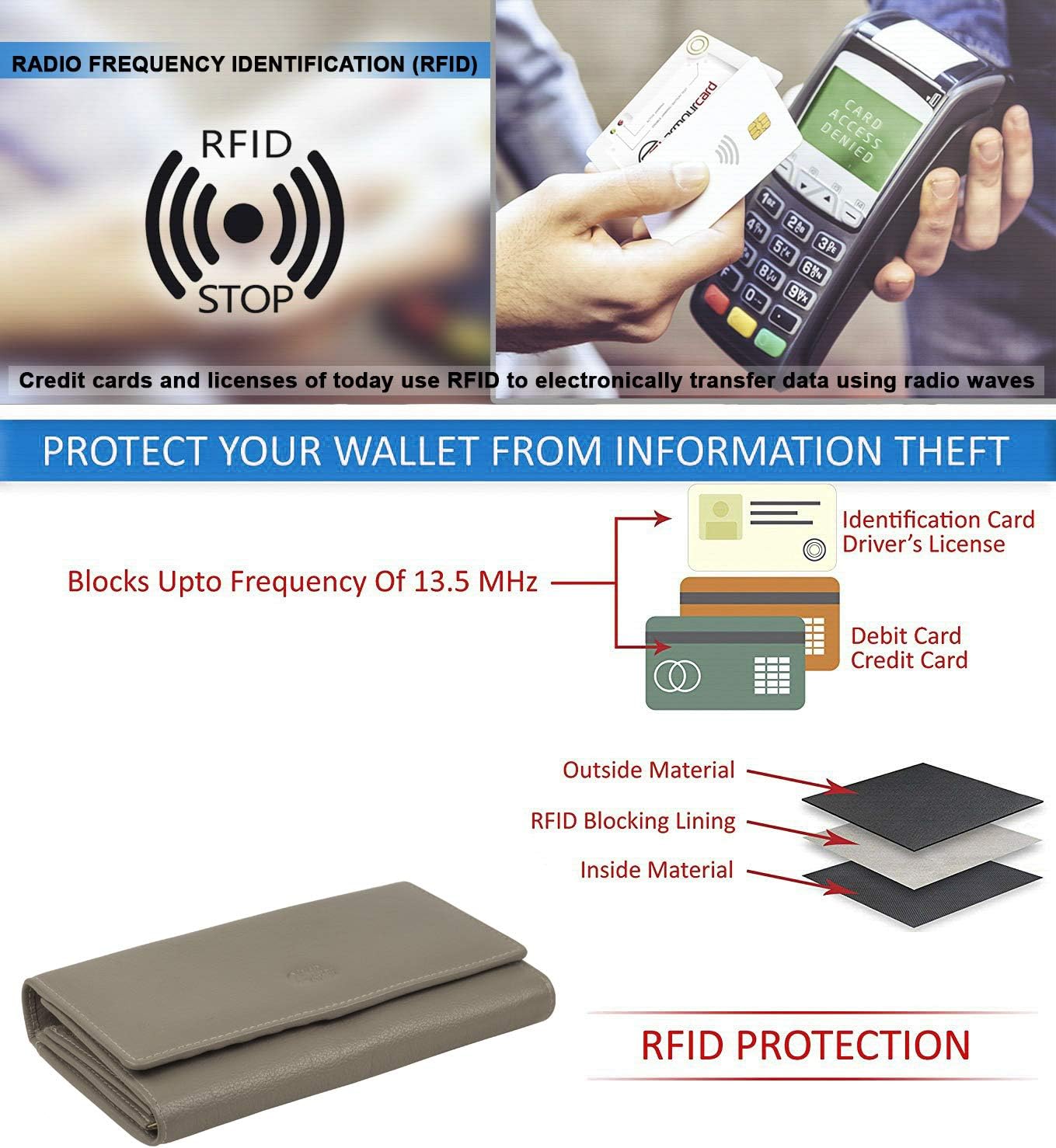 Women's Top Grain Leather Wallet, RFID Blocking Bifold clutch, 17 Card Slots, Zip Pocket Organizer, Elegant Gift for Women — Birthday, Valentine, Anniversary - TAUPE
