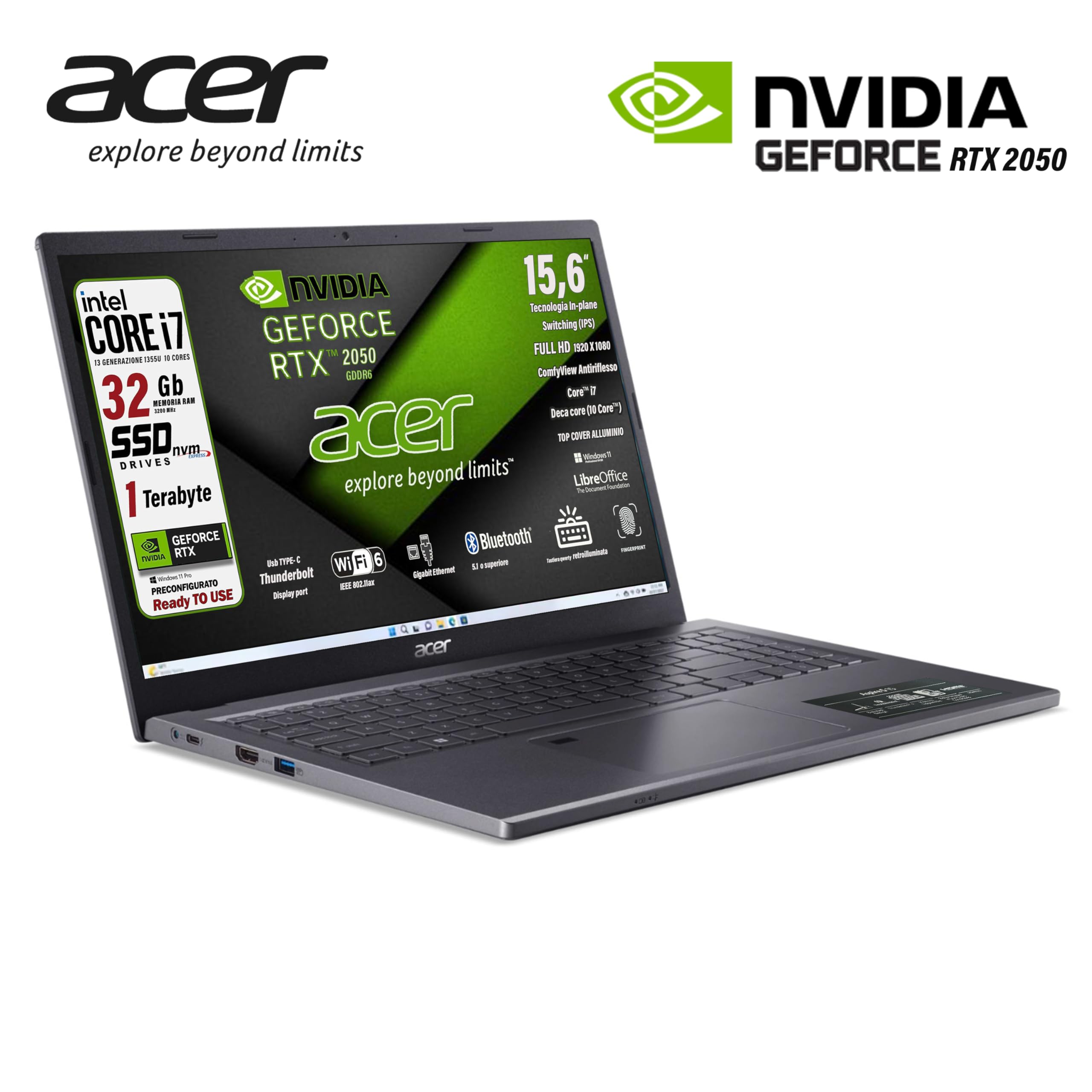 acer Notebook Intel Core i7-1355U 13th, 10 Core 5 Ghz, RAM 32 Gb, SSD Pcie 1Tb, 15.6" FHD IPS, Svga GeForce RTX 2050, Tastiera retroilluminata, Finger, Wi-Fi 6, LAN, HDMI, Win 11 Pro, pronto all'Uso