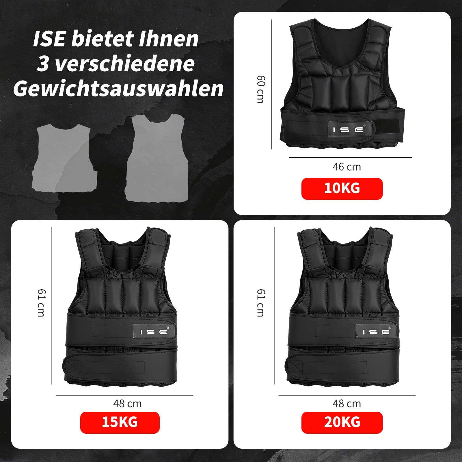 ISE Verstellbare Gewichtsweste 10/15/20KG zum Muskelaufbau u. Krafttraining | Weighted Vest | Laufweste Damen & Herren | Fitness Trainingsweste