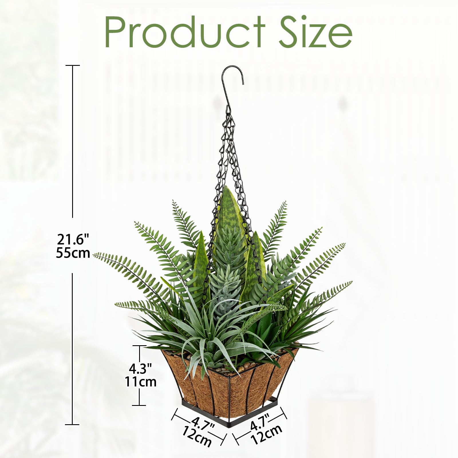 Plantas colgantes artificiales en cesta de 55 cm, plantas de serpiente sintética, mezcla de suculentas con forro de fibra de coco, maceta de metal, planta colgante falsa para interiores y
