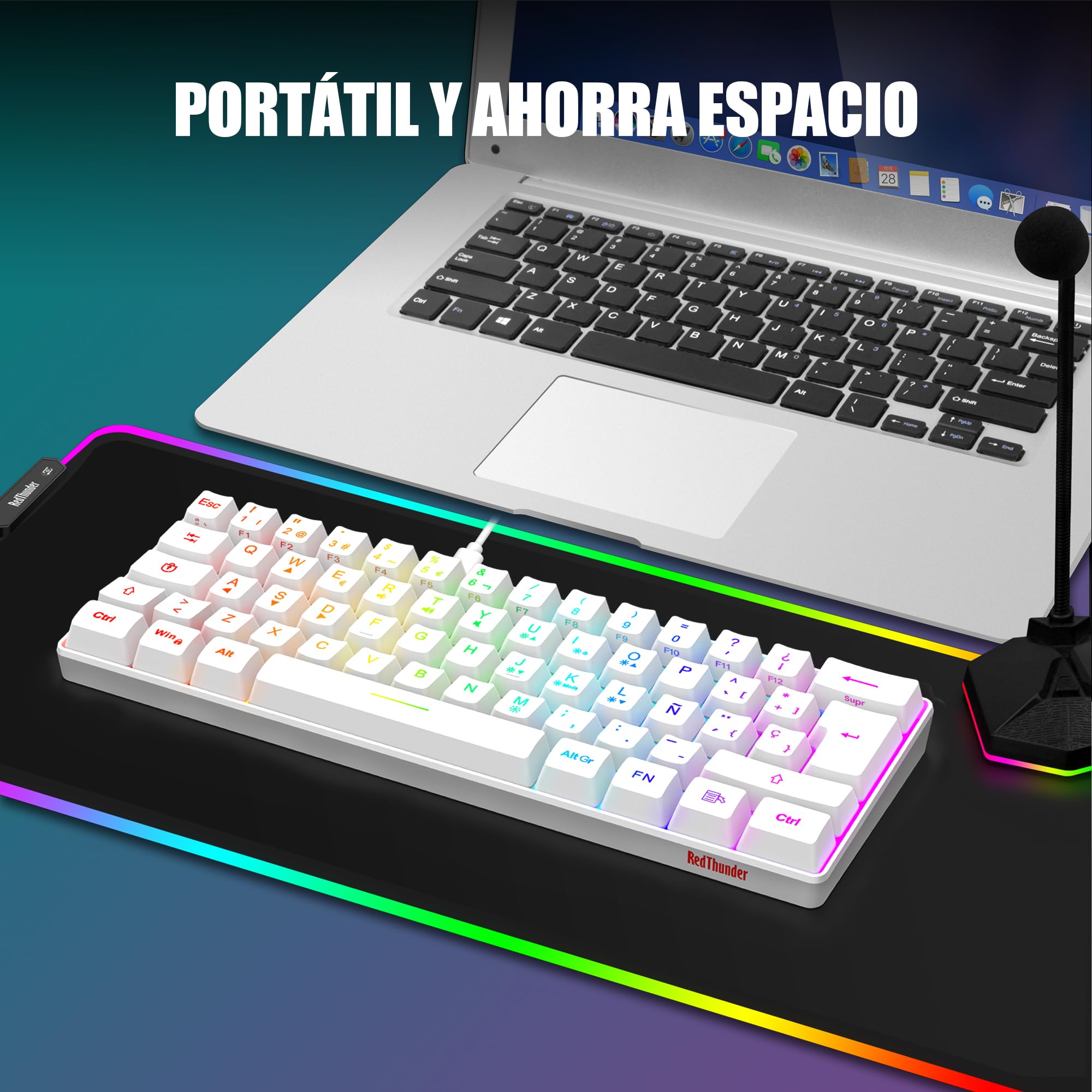 RedThunder K62 60% Combo Teclado y Ratón Gaming RGB Idioma Español, Teclado Mini Ultracompacto Retroiluminado y Ergonómico, Ratón Gaming Óptico 7200 dpi, Compatible con PC,PS5,Xbox (Blanco)