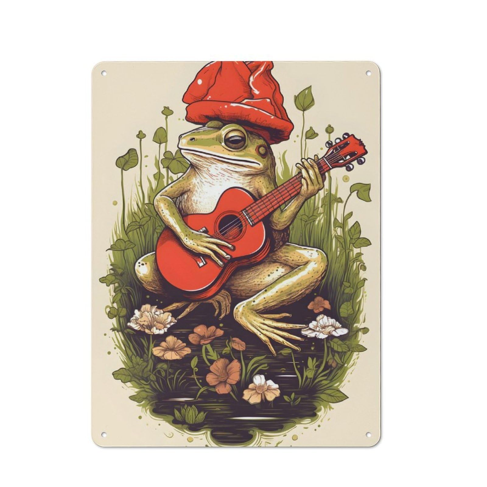Junmoney Cottagecore Frog Guitar Vintage Metal Sign With Design 40X30cm, Vintage Bar Wall Plaque For Cafe, Pub, Workshop Or Home Bar