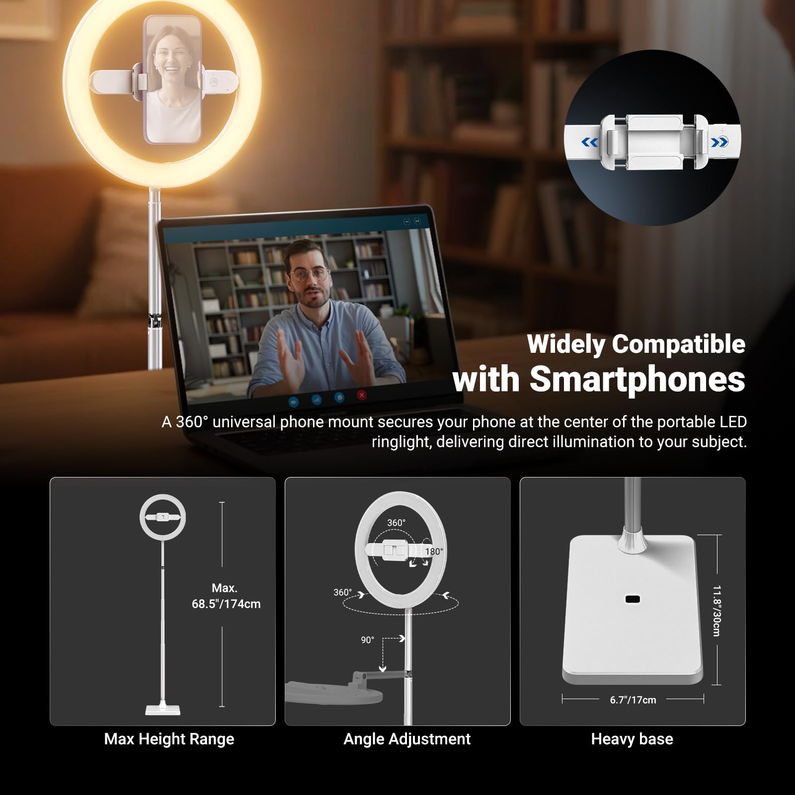 NEEWER Versión de Nivel de Entrada de 10 Pulgadas, 7 W, Anillo de luz LED con Soporte/Soporte para teléfono/3 Modos de Color, Anillo telescópico de 69 Pulgadas, iluminación para iPhone Streaming