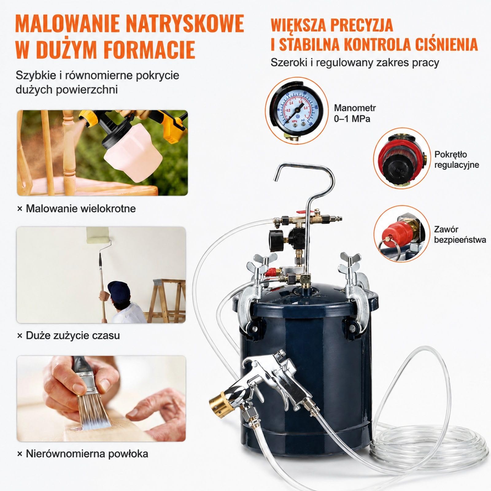 Zbiornik ciśnieniowy na farbę 10 L z pistoletem natryskowym, pojemnik do lakierów i bejc, 60 PSI