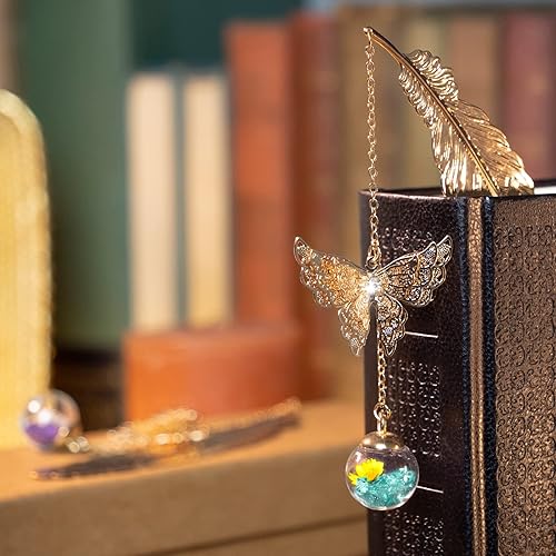 Miniatura 8 de Toirxarn Separador de libro de pluma de metal con dije de cristal color azul de flor seca de mariposa 3D. Regalo para mujeres, maestros, amigos,