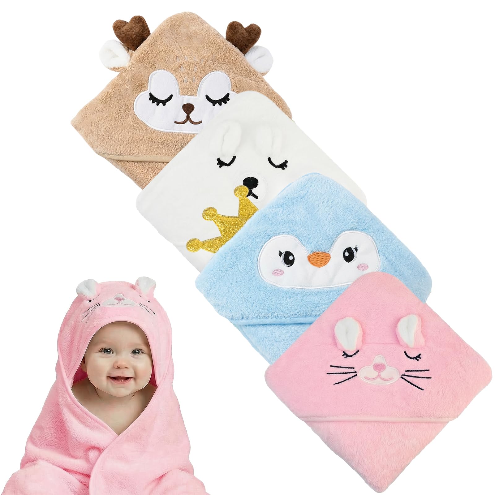 CECOMBINE 4 Pcs Hooded Baby Towels, 80x80cm Baby Bath Towels with Hood, Ultra-Soft Absorbent Unique Animal Design Bath Towel for Newborn, Infant, Boys and Girls(White, Pink, Brown, Blue)