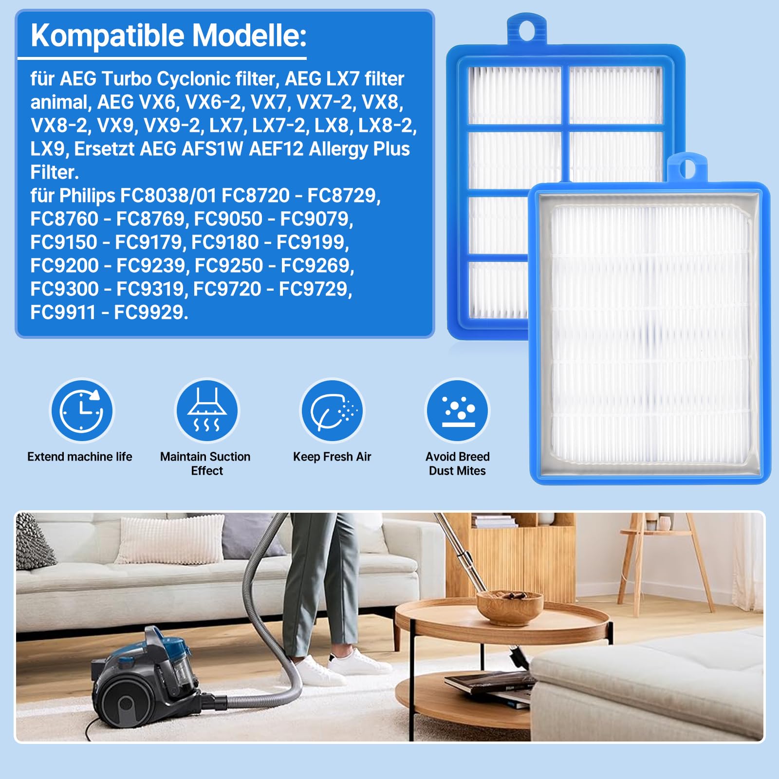 Aeg Afs1w Allergy Plus Filter Washable Replacement Filter For Aeg And Philips S Bag Vacuum Cleaners Cleaner Air And High Filtration Compatible With Ultraone Ultrasilence Vx6 9 And Lx7 9 Models