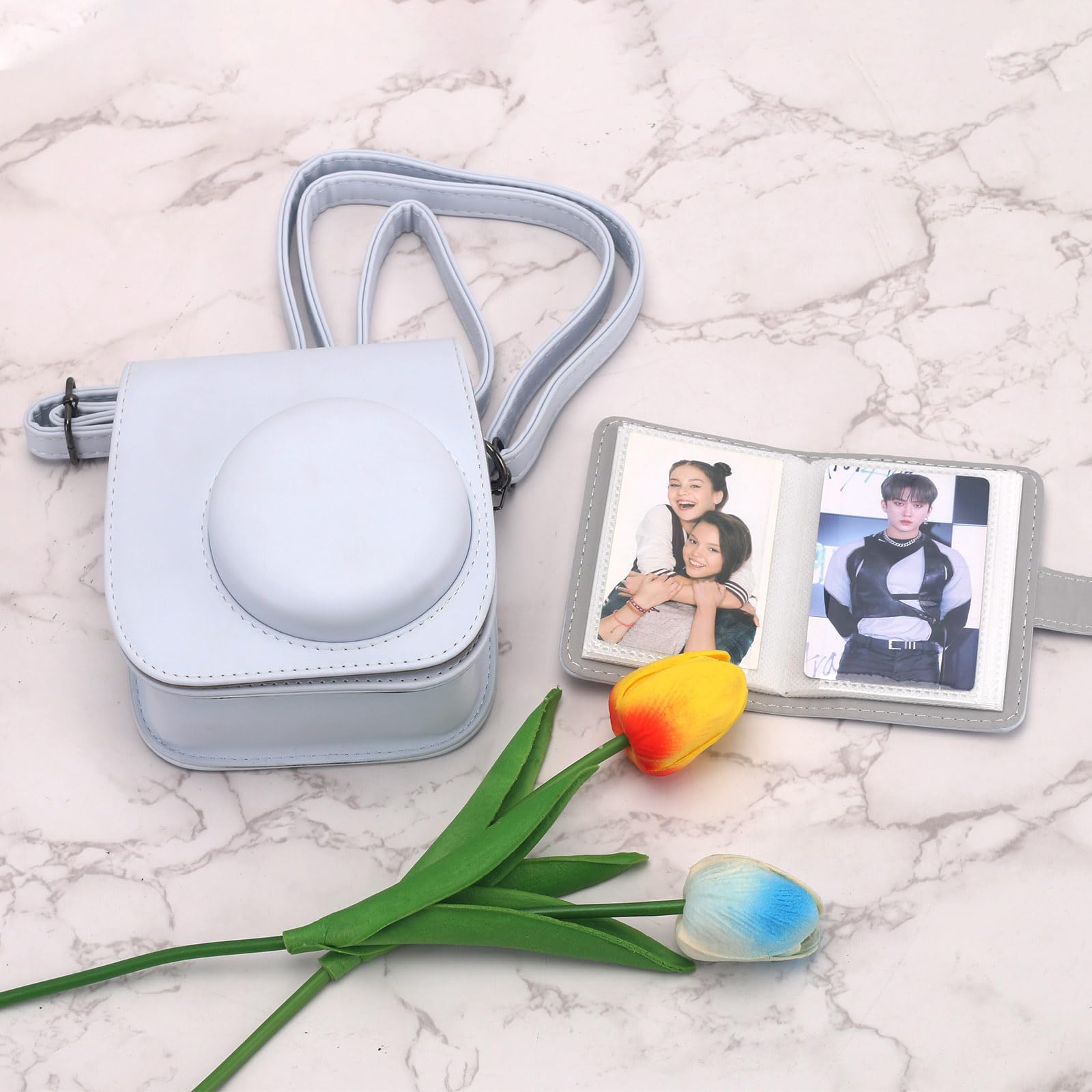 Étui En Simili Cuir Pour Fujifilm Instax Mini 12/11/9/8 – Avec Album 64 Poches Et Bandoulière Réglable | Bleu Pastel - 10