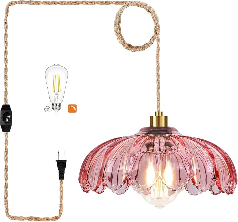 QIYIZM Lámpara colgante de color rosa con cable enchufable, lámpara colgante bohemia de cristal dorado de mediados de siglo, moderna, vintage, regulable, lámpara de techo para sala de estar, cocina