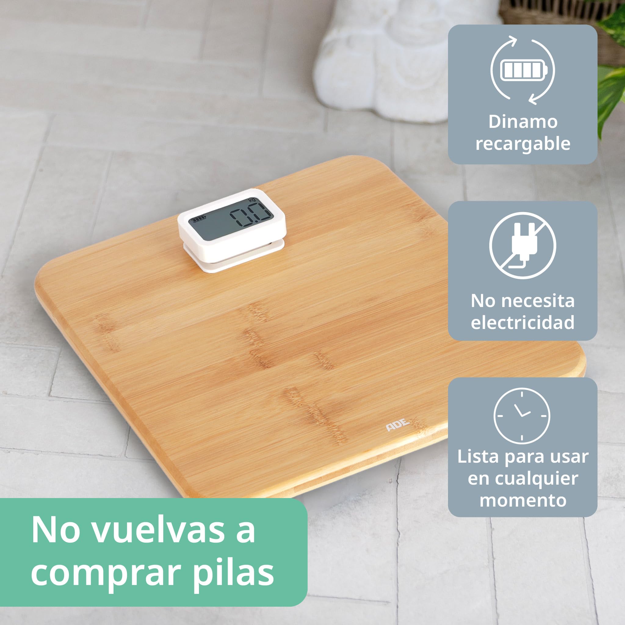 ADE Báscula corporal digital sin pilas | con dinamo respetuoso al medio ambiente | resultados de pesaje precisos en pasos de 100 g | superficie de pesaje de auténtica madera de bambú | hasta 150 kg