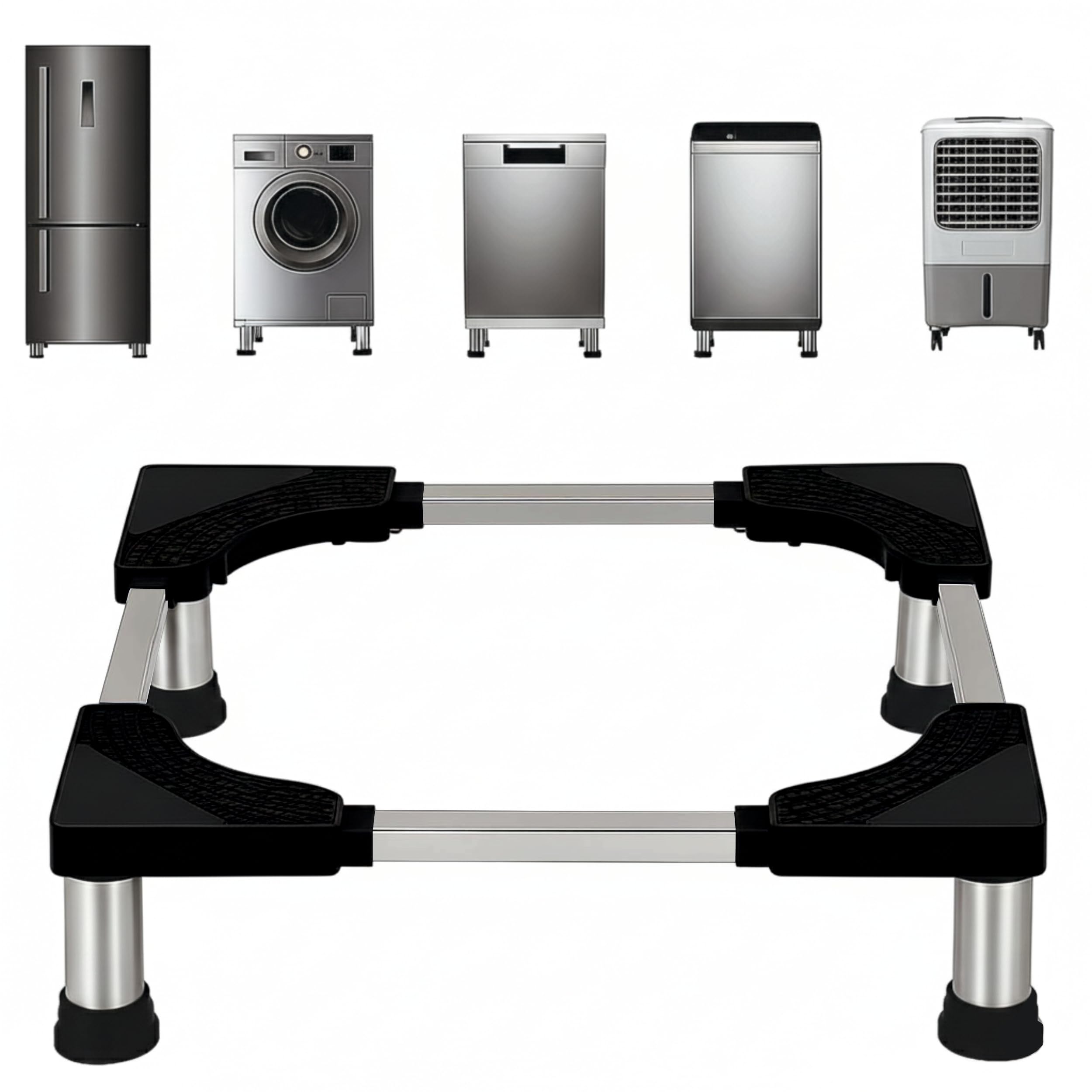 JIALTO Universal Adjustable Washing Machine Stand with 4 Heavy-Duty Legs- Movable Base for Refrigerator, Dishwasher & Appliance Base with 200 Kg Capacity & Vibration Pads (WM-SINGLE PIPE 4 LEGS BLACK)