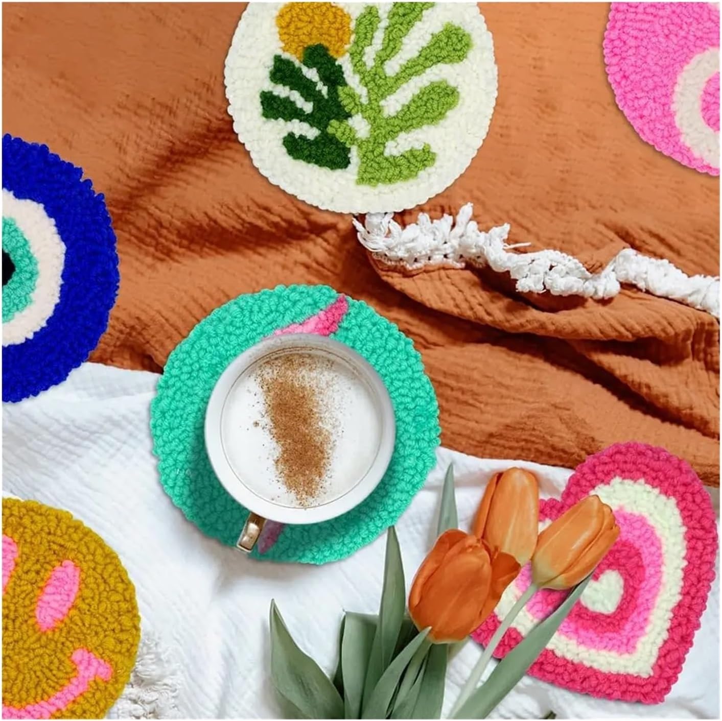 Edgiyuo DIY Punch Needle Embroidery Coaster Set - Handmade Love Heart Pattern Cup Mats for Craft Enthusiasts(PKBD0033)