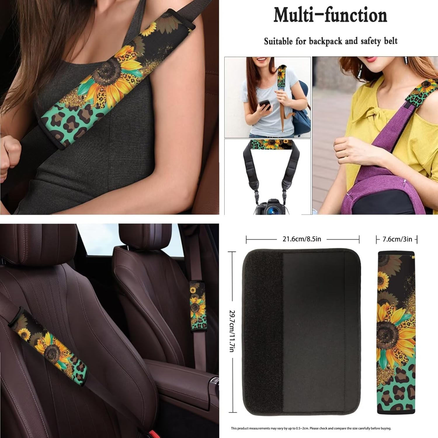 Leopard Sunflower Print Car Seat Cover Full Set,Steering Wheel Cover Armrest Cover Seatbelt Car Coasters Lip Holder with Keychains,Universal Auto Interior Accessories