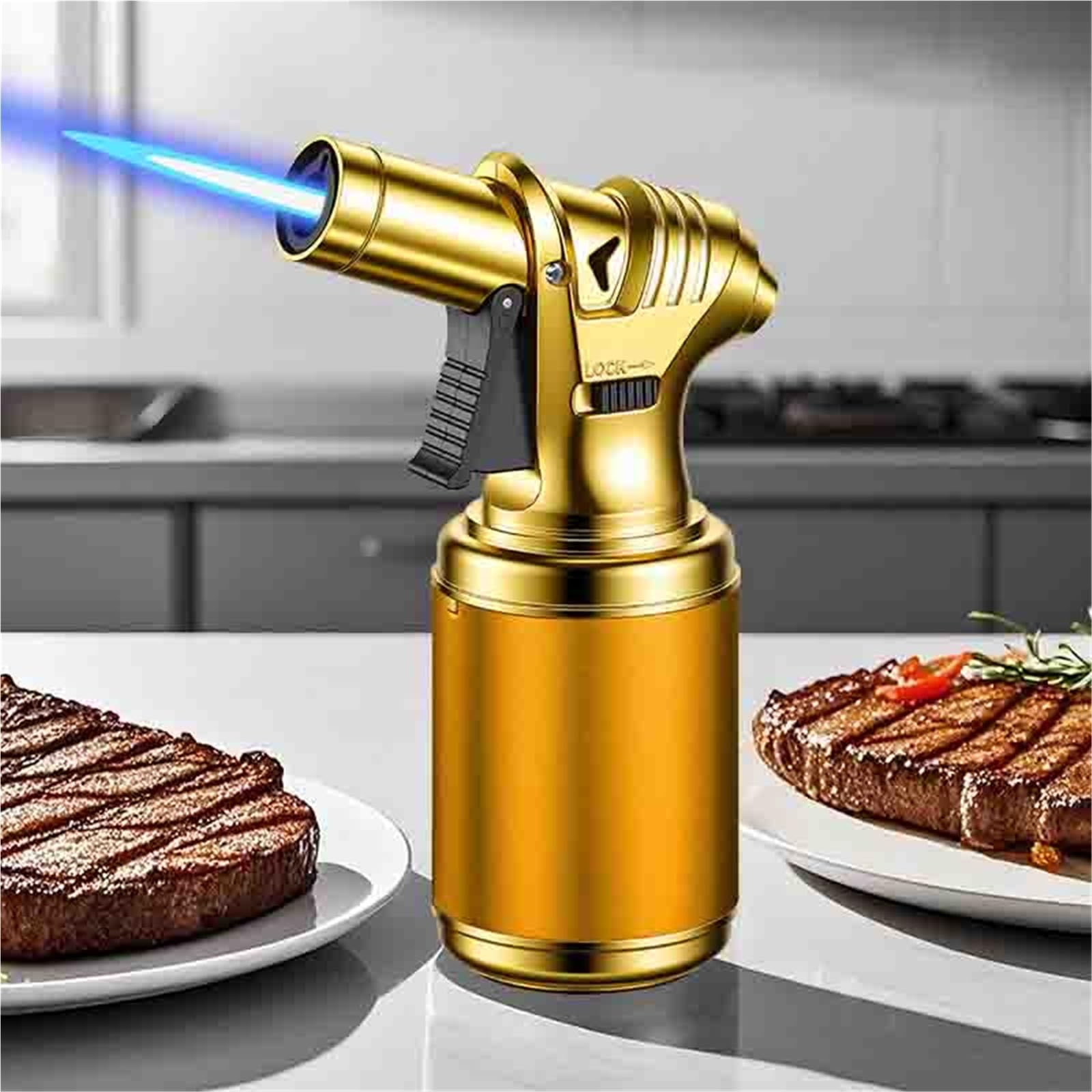 Ogqbeapc A Windproof Large Capacity Rechargeable Lighter Moxibustion Cigar Barbecue Lighter With Djustable Flame Size, Suitable For Outdoor Nd Indoor Use.(A)