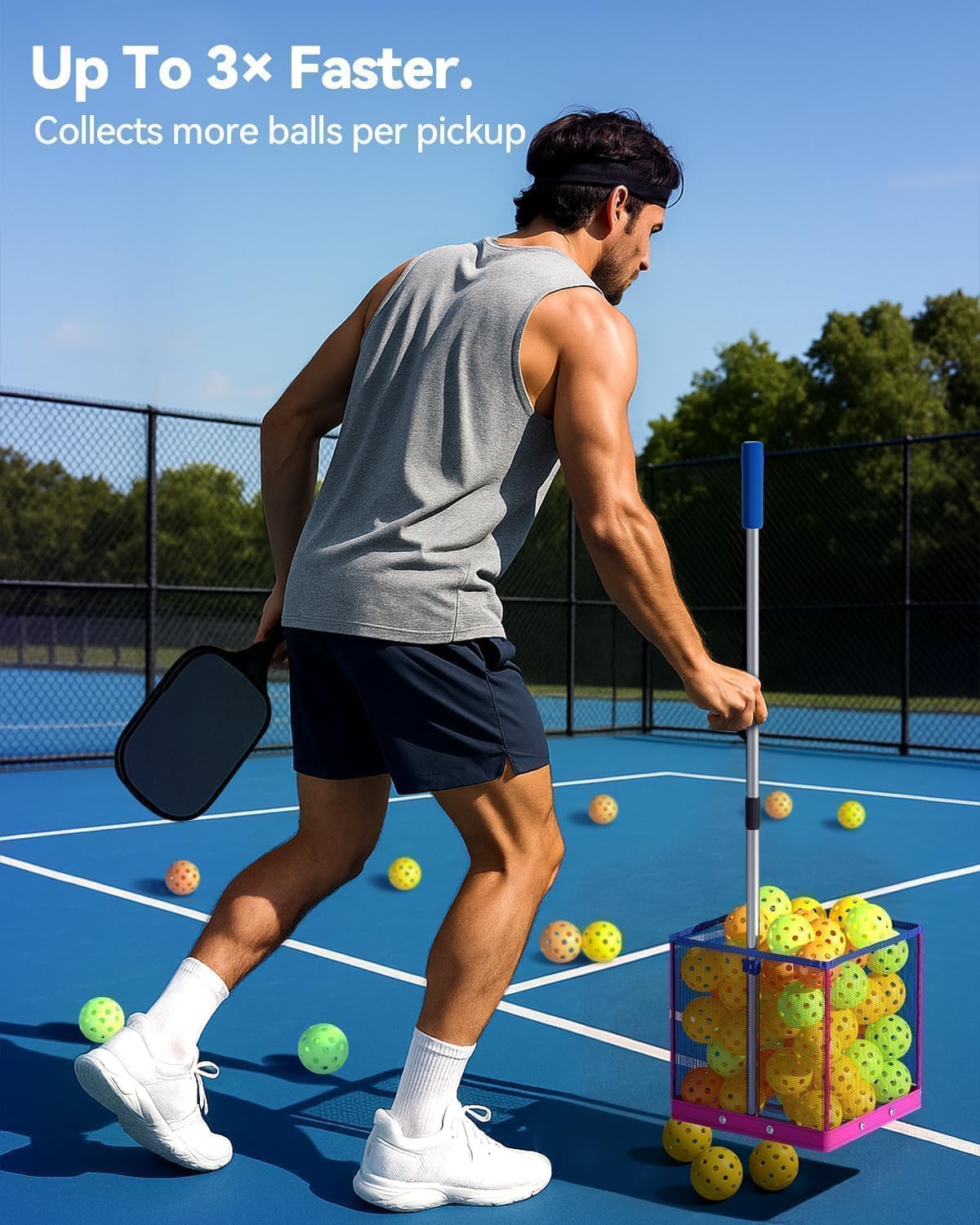 Pickleball Picker Upper 40+ Ball Capacity Hopper Holder, Foldable Basket with Telescopic Stainless Steel Handle, Quick Pickup No Bending Ball Retriever Collector, Portable for Court Training