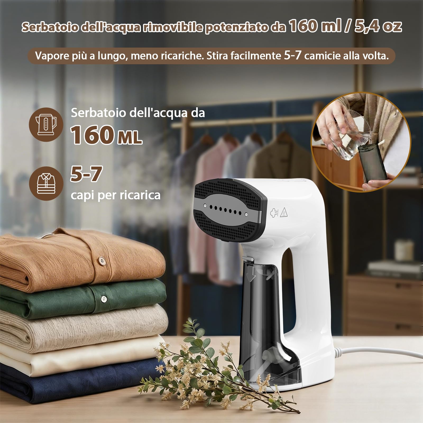Anbull 2-In-1 Ferro Da Stiro Verticale Portatile, 5000 Pa Aspirazione | 3 Modalità, Serbatoio Removibile, Riscaldamento 30s. Ferro Stiro Verticale Per Abiti. Ideale Casa, Ufficio, Viaggio
