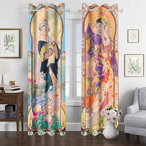 Miniatura 6 de Art Nouveau - Cortinas opacas de geisha japonesa de verano, serie de temporada de otoño, cortina estilo pintura al óleo, montaje en flor de cerezo,