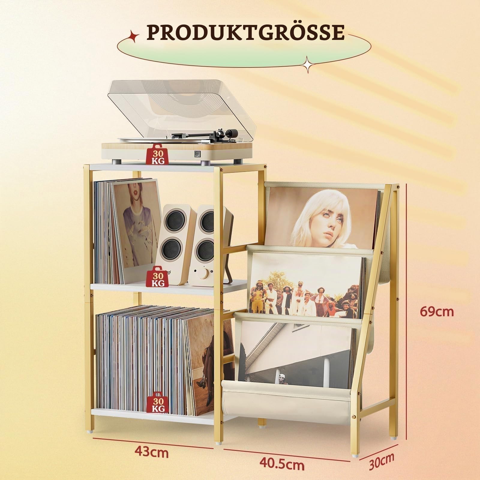 Bikoney Plattenspieler Schallplattenständer mit 3-stufiger Vinyl Display Regal Lagerung, Turntable Tisch Aufbewahrung bis zu 200 Alben,Media Konsole Vinyl Regal für Wohnzimmer (Gold)