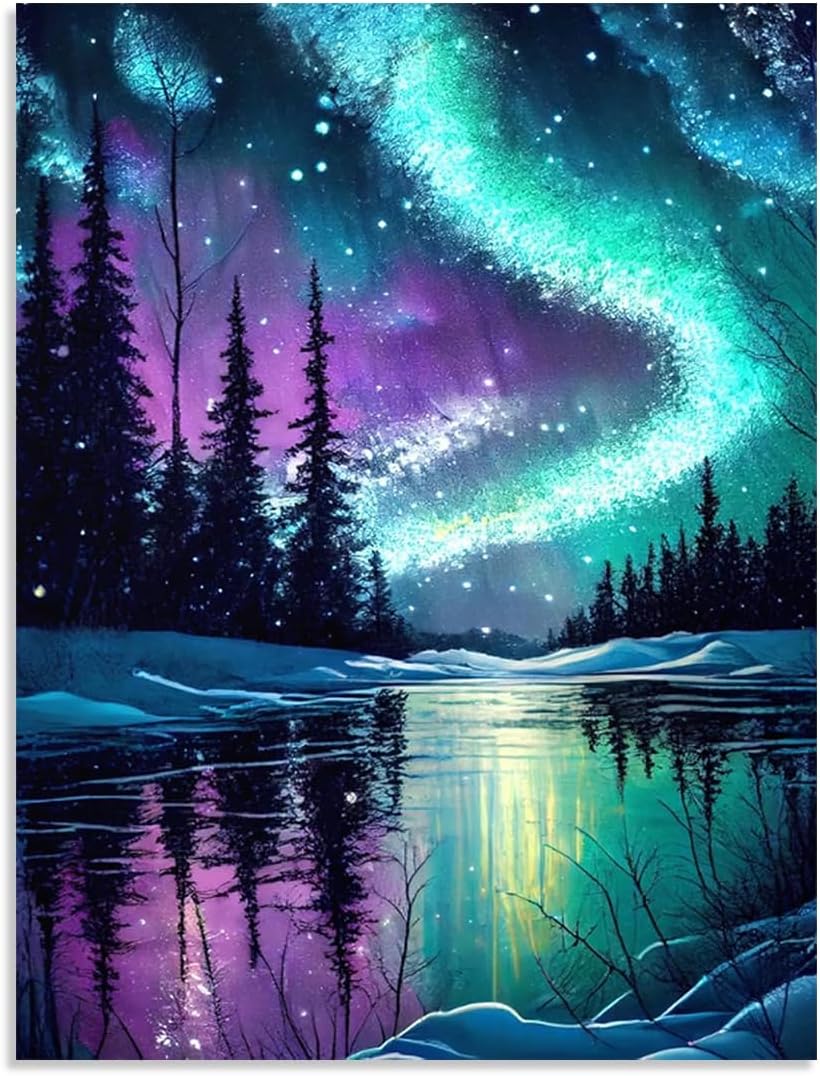 Stamped Cross Stitch Kits for Adults - Aurora Night Landscape Embroidery Kits for Beginners Adults,11 CT Patterns Dimensions Counted Cross Stitch Kits for Adults Arts Craft 12x16 inch