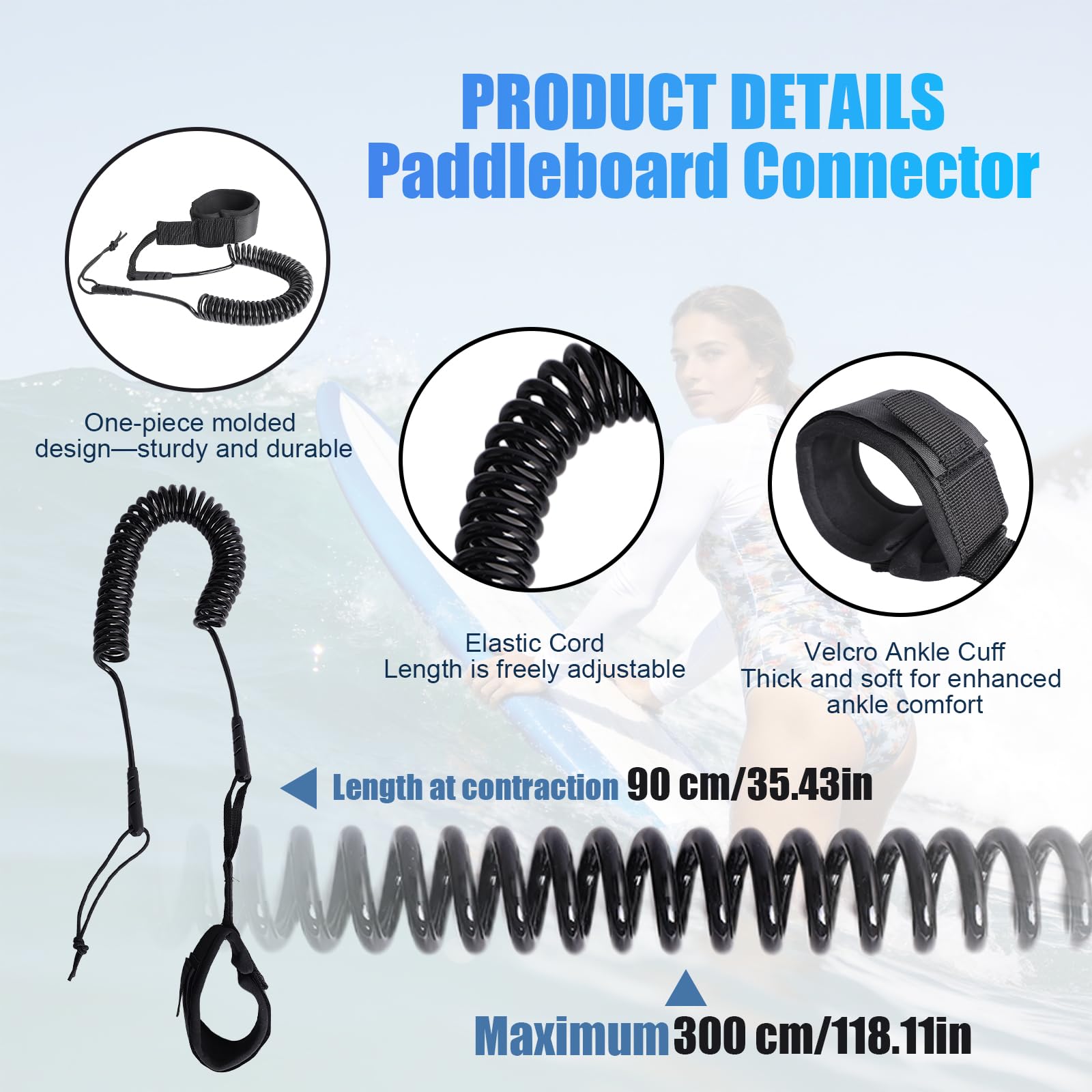 SUP Leash Leash 10ft, zwijana deska surfingowa z paskiem na stopę, 5 mm linka bezpieczeństwa TPU do deski SUP, deski surfingowej, kajaka, longboardu – czarna i pomarańczowa