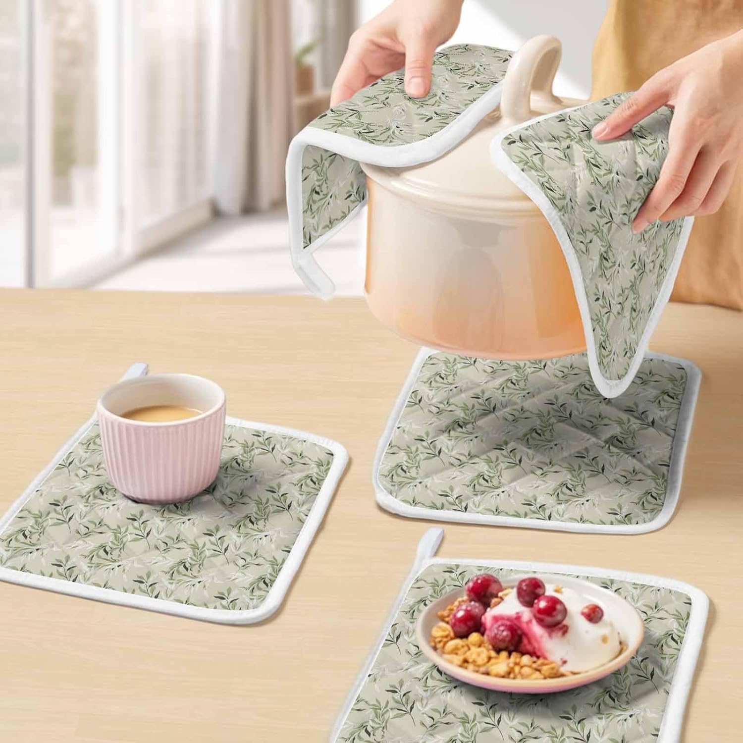 5 Pack Pot Holders for Kitchen, Green Eucalyptus Leaves Hot Pads for Kitchen Countertops Oven Pot Holder Bulk, Spring Watercolor Plant Textured Heat Insulation Potholders with Hanging Loops