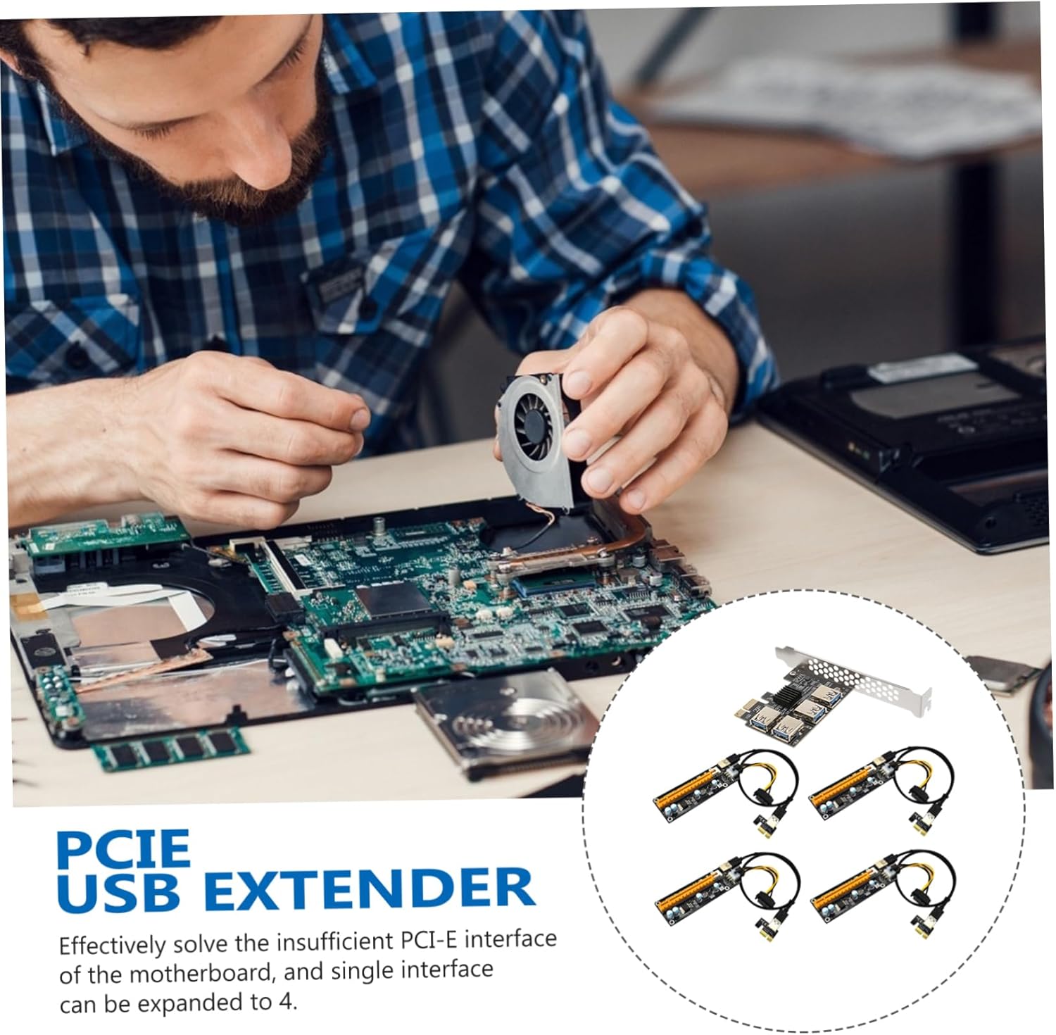 PCI-E 1 to 4 USB 3.0 Extender Card PCI Express Riser Adapter for Desktop 4-Port USB Expansion for Mining No Power Supply Required