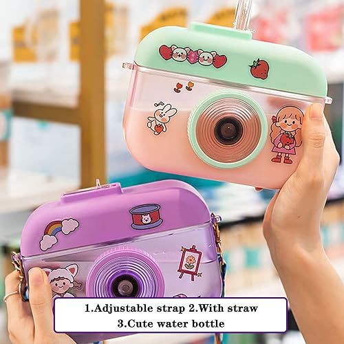 Miniatura 6 de Botella de agua con forma de cámara Kawaii con popote y correa, botellas de agua de 14.1 onzas líquidas con 8 calcomanías, sin BPA, vasos de
