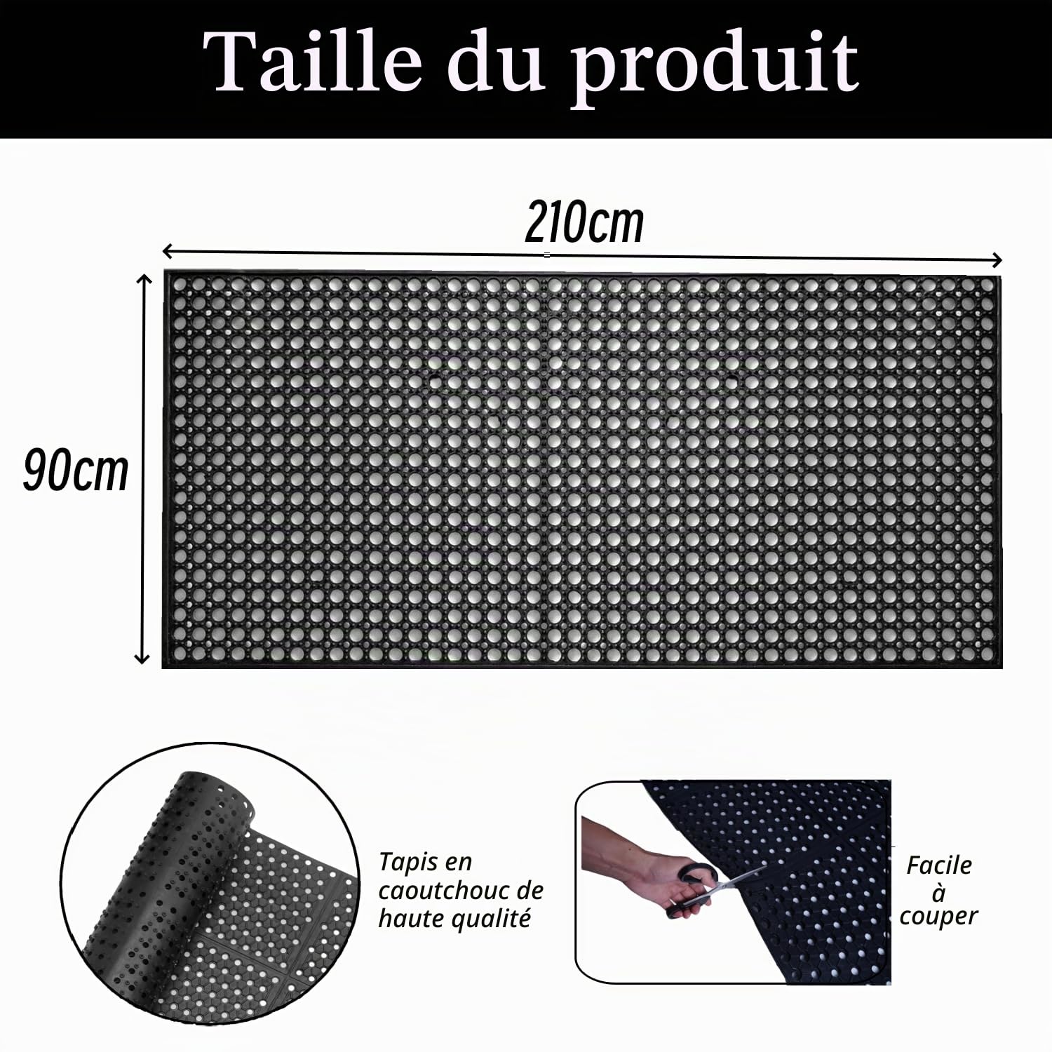 Tapis d'extérieur en caoutchouc 90 x 210 cm, grand tapis anti-fatigue, antidérapant avec trous de drainage, pour cuisine