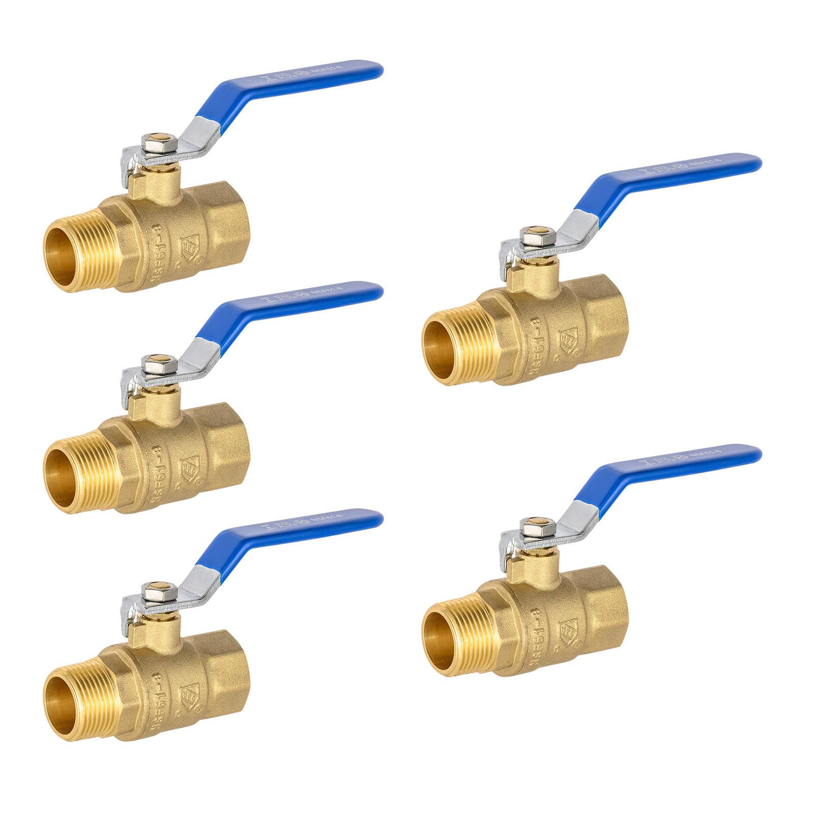 Lot de 5 robinets à boisseau sphérique, 1,9 cm mâle NPT x 1,9 cm femelle NPT, robinet à boisseau sphérique bleu en laiton forgé à port complet, 150 PSI WSP/600 WOG