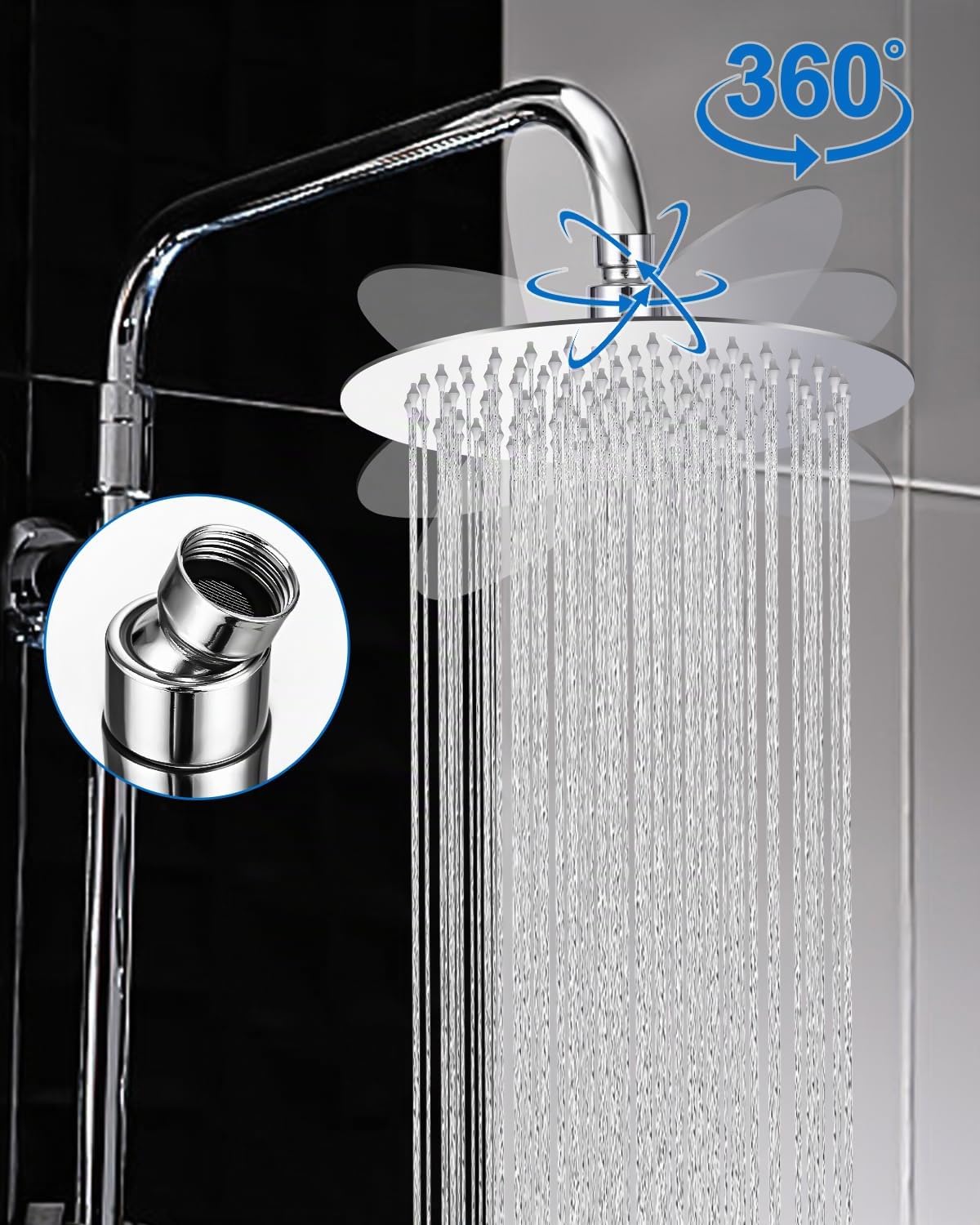 Soffione Doccia a Pioggia Soffione per Doccia Fisso Testa Doccia Regolabile 360° con Getti In Silicone Anticalcare 304 Acciaio Inox Ultra Sottile Soffione Doccia Diametro 25CM(10 Pollici)