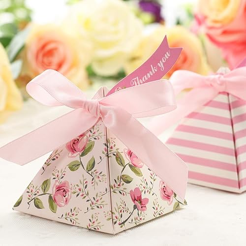 Miniatura 2 de Toyvian Paquete de 25 cajas de regalo de boda triangulares de doble cara con impresión de flores de papel para dulces para recuerdos de fiesta de