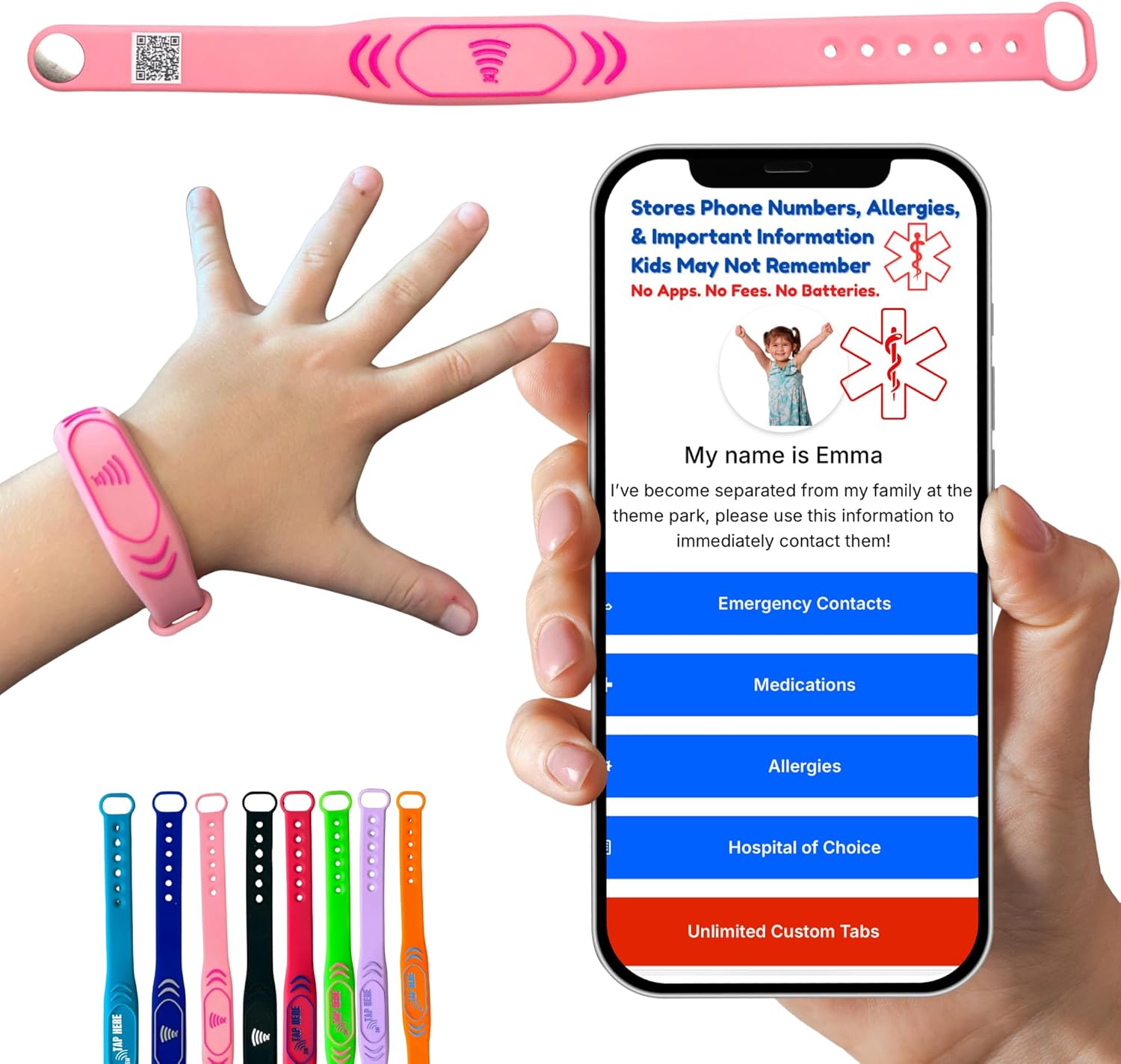 Kids ID Bracelet – NFC Emergency Contact Wristband, Adjustable 5.5–7.5”, Waterproof Silicone Safety Band, Not GPS, Travel & School Child Safety Bracelet
