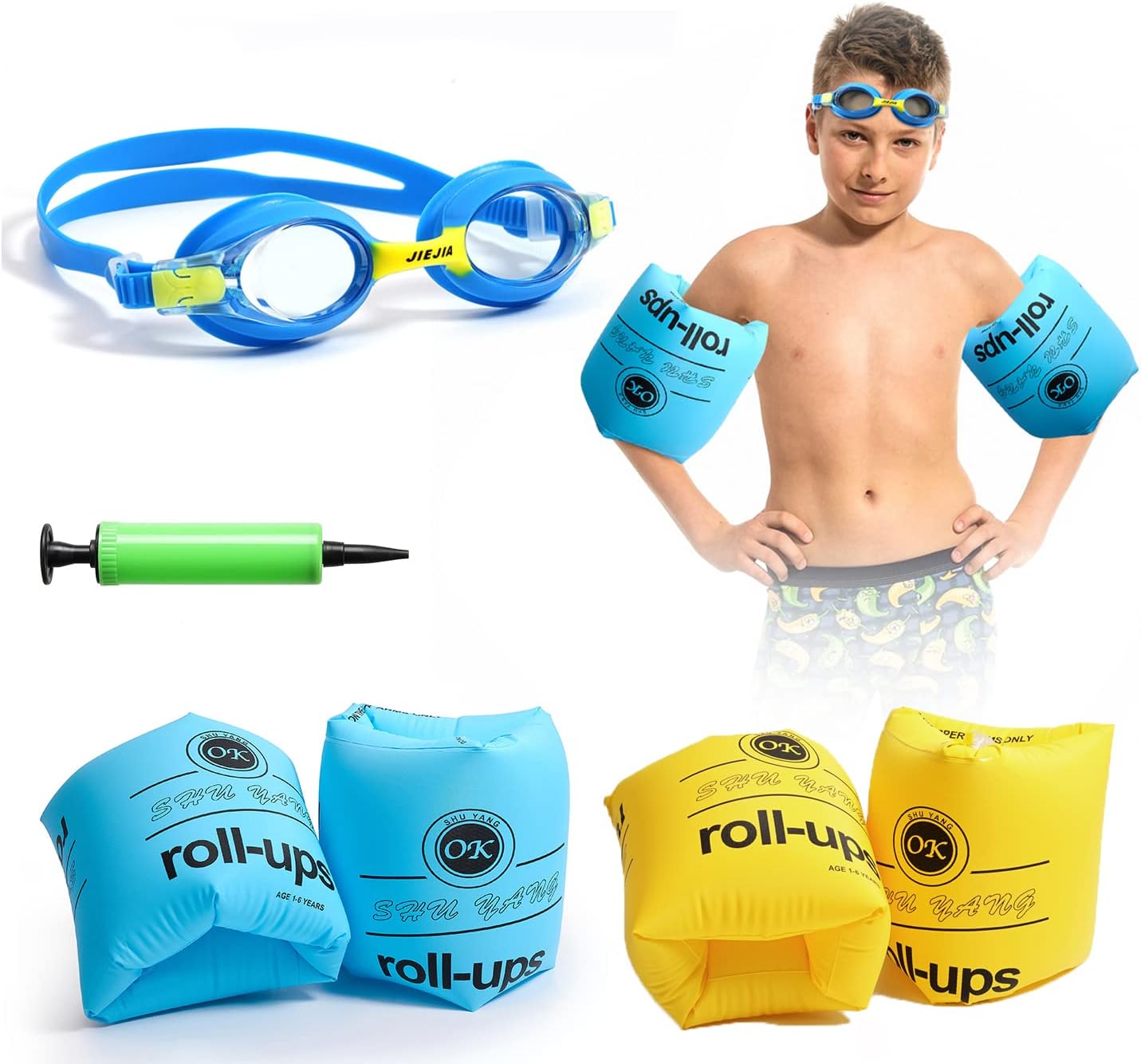 Arm Floaties for Kids,Swim Trainer Floaties and Kid's Swimming Goggles with Anti-Fog and Anti-UV(4 Pack),PVC Arm Floaties Inflatable Swim Arm Bands Floater Sleeves Children's Swimming Ring