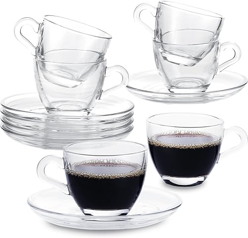 Juego de 6 tazas de cristal para café expreso con platillos pequeños, taza Demitasse transparente con cucharas de acero inoxidable, aptas para