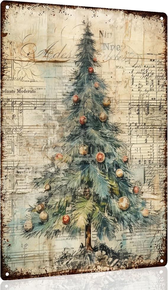 Vintage Christmas Wall Decor,Winter Pine Tree Wall Art,Vintage Metal Christmas Tree Wall Plaque Sign Decorations for Home Front Door Porch Indoor/Outdoor Decor,8 x 12 Inch